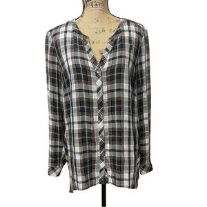 J. Jill Collarless Black & Yellow Plaid Asymmetric Button Down Top SZ: Med